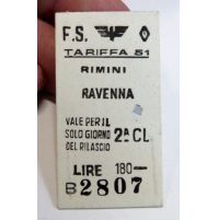 1959 - BIGLIETTO DEL TRENO CARTONATO - F.S. RIMINI RAVENNA 2a CLASSE Lire 180