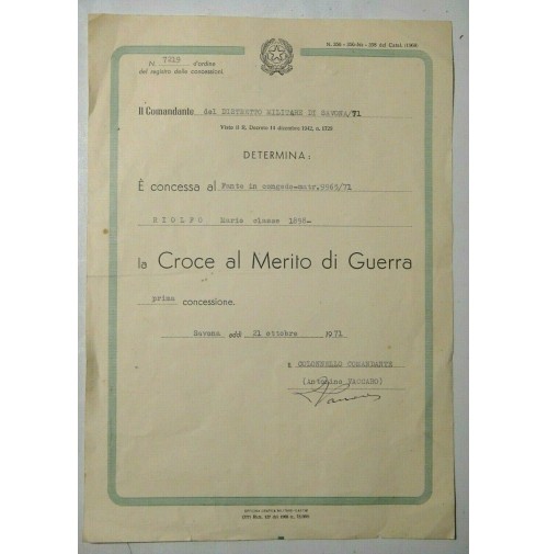 1971 - DIPLOMA CROCE AL MERITO DI GUERRA FANTE IN CONGEDO CLASSE 1898