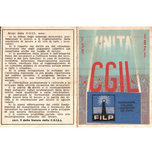 1971 - TESSERA CGIL- FILP FEDERAZIONE LAVORATORI DEI PORTI - SAVONA   C11-670