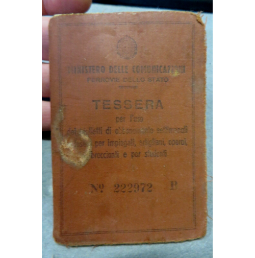 ALBENGA 1942 - TESSERA FERROVIARIA INSEGNANTE - FERROVIE DELLO STATO -
