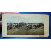 ANTICA FOTOGRAFIA CARTONATA STEREOSCOPICA - JAPANESE TROOPS TRAIN SEOUL KOREA