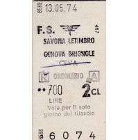 BIGLIETTO DEL TRENO CARTONATO 1974 SAVONA LETIMBRO GENOVA BRIGNOLE  8-181TRIS