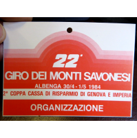 CARTELLINO IN CARTONCINO - 22° GIRO DEI MONTI SAVONESI ORGANIZZAZIONE - 1984