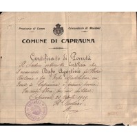 COMUNE DI CAPRAUNA CERTIFICATO DI POVERTA' FIRMA DEL SINDACO 1919 C7-435