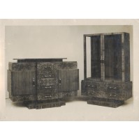 Foto antica rappresentante mobili stile Art Déco e barocco in radica, Vintage