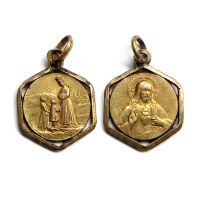 Medaglia religiosa antica esagonale Sacro Cuore di Gesù e Madonna con bambini