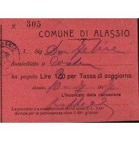 RICEVUTA COMUNE DI ALASSIO - TASSA DI SOGGIORNO ANNO 1917 -