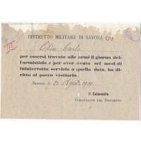RICEVUTA REGIO ESERCITO DISTRETTO MILITARE DI SAVONA ARMISTIZIO 1919 4-121