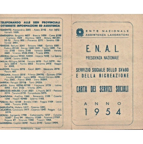 TESSERA 1954 - ENAL ENTE NAZIONALE ASSISTENZA LAVORATORI - ROCCA