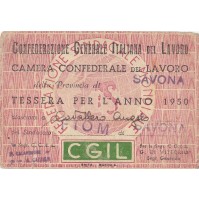 TESSERA CGIL CAMERA CONFEDERALE DEL LAVORO SAVONA  1950 9-52