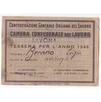 TESSERA CONFEDERAZIONE GENERALE ITALIANA DEL LAVORO SAVONA CGIL 1946 1-326