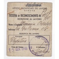 TESSERA DI RICONOSCIMENTO UFFICIO PROVINCIALE DEL LAVORO GENOVA 1948 19-46