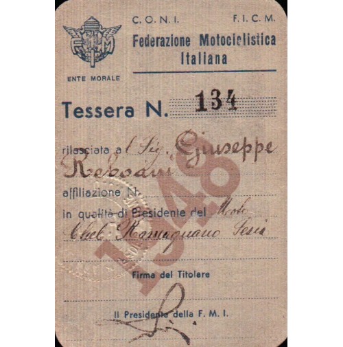 TESSERA FEDERAZIONE MOTOCICLISTICA ITALIANA - ROMAGNANO SESIA - 1948  C5-563