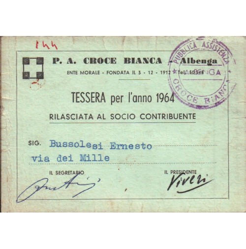 TESSERA P.A. CROCE BIANCA ALBENGA - 1964