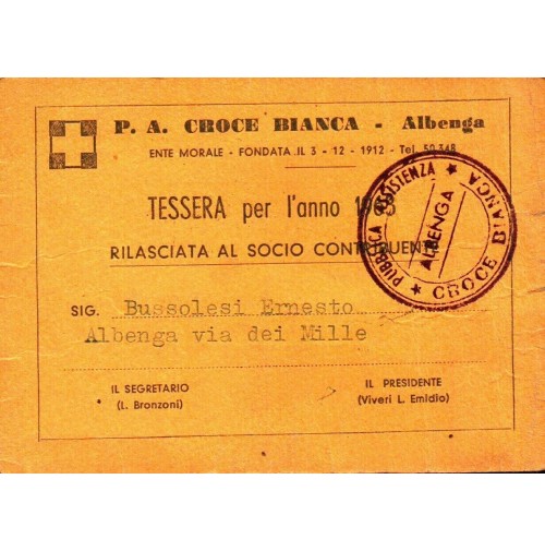 TESSERA P.A. CROCE BIANCA ALBENGA - 1965