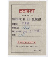 TESSERA POTENT SERRATURE DI ALTA SICUREZZA 1965 GARANZIA  19-53