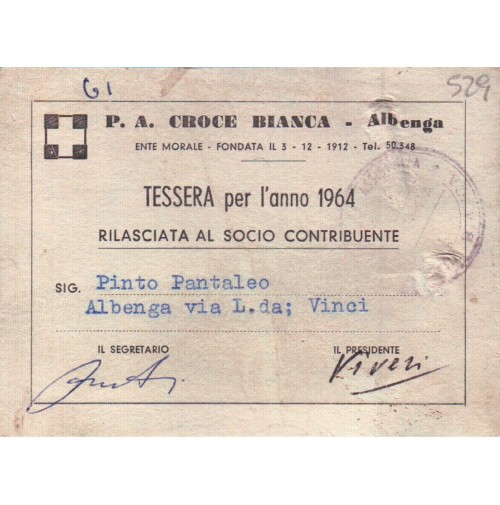 TESSERA PUBBLICA ASSISTENZA CROCE BIANCA ALBENGA - 1964 -  C8-529