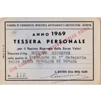 TESSERA RECINTO RISERVATO BORSA VALORI DI GENOVA CAMERA COMMERCIO 1969 9-83BIS