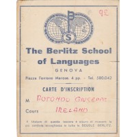 TESSERA THE BERLITZ SCHOOL OF LANGUAGES GENOVA COURS IRELAND 1967 9-36