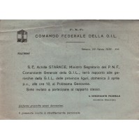 COMANDO FEDERALE DELLA G.I.L. GENOVA 1938 - INVITO PARTECIPAZIONE AL COMIZIO DEL SEGRETARIO P.N.F. FASCISTA ACHILLE STARACE POLITEAMA GENOVESE C9-1150